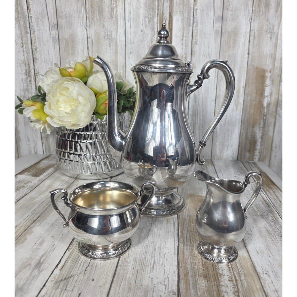 Vintage Silver Plated Coffee Pot Sugar Bowl and Creamer Set Floral Trim 3 Piece - Picture 6 of 16
